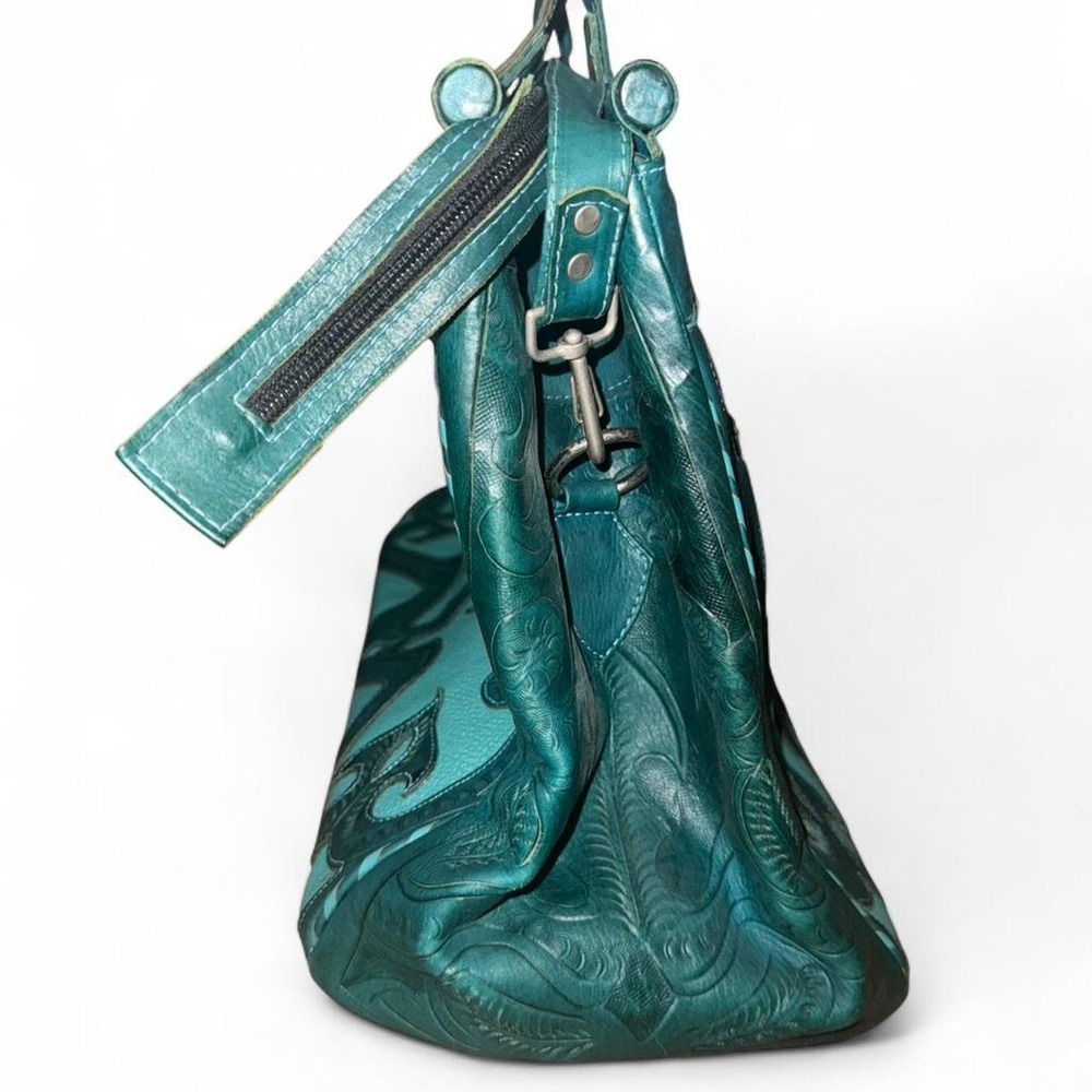 Leaders in Leather Hand Tooled Cutout Tooled Teal Green Tooled Weekender - Picture 6 of 8